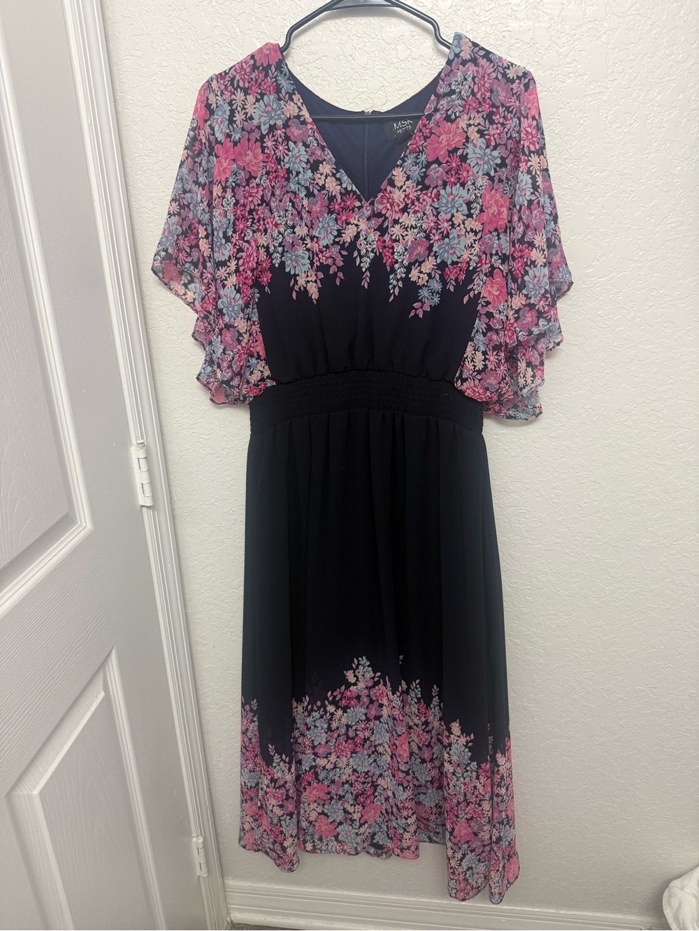 Floral V-Neck Dark Navy Midi Dress with Pink & Blue Floral Print